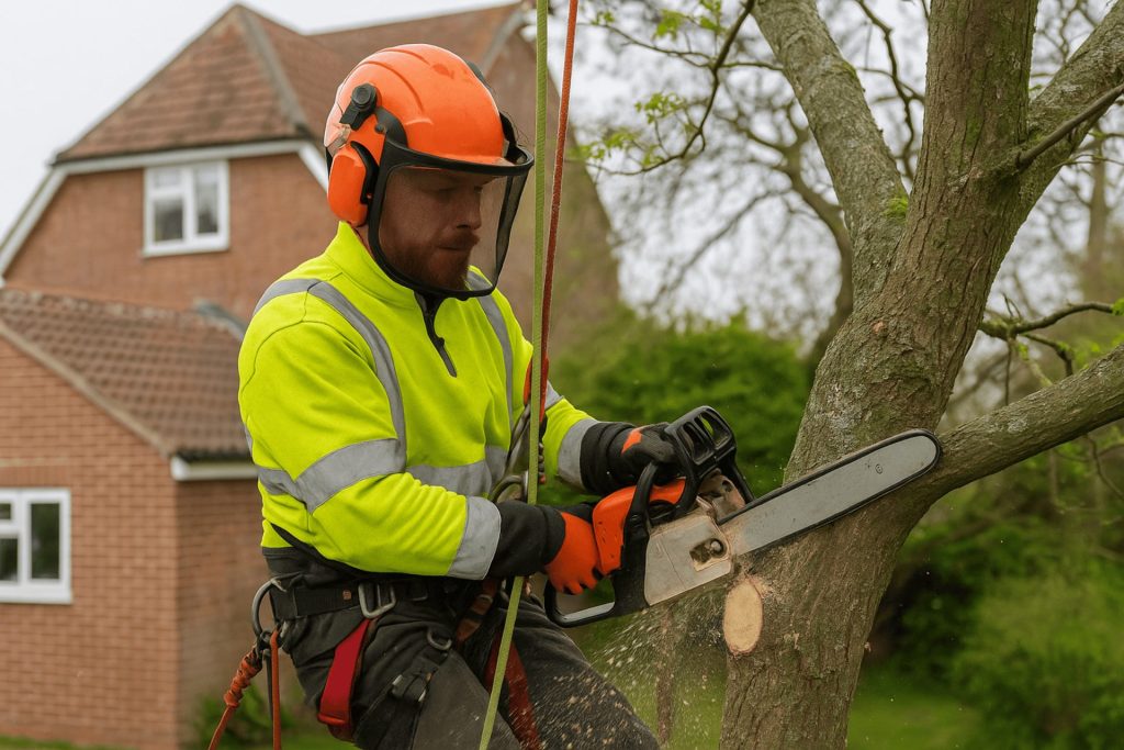 Professional Norwich tree surgeon cutting a tree safely