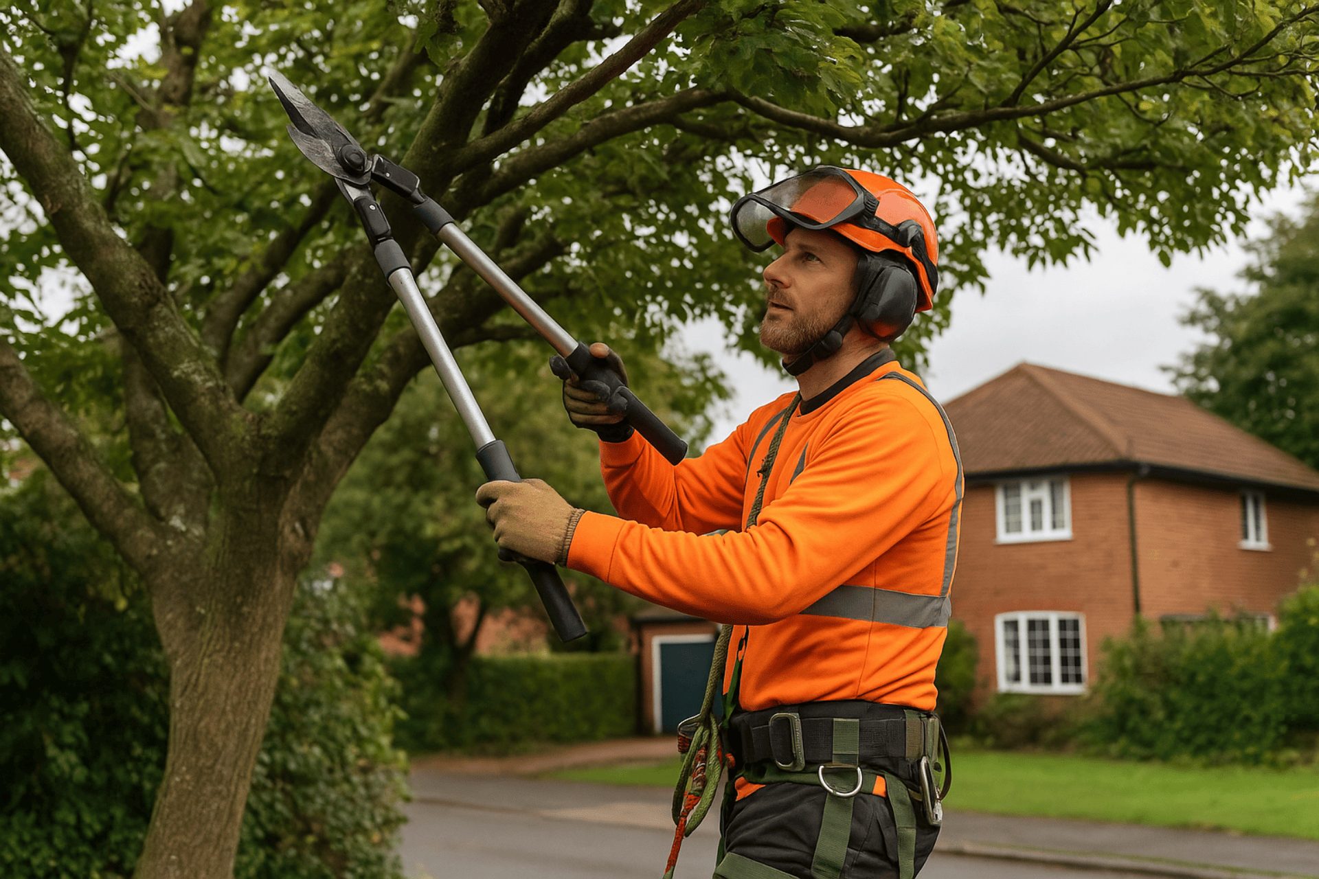 Tree cutting Norwich with a long clippers and safety gear
