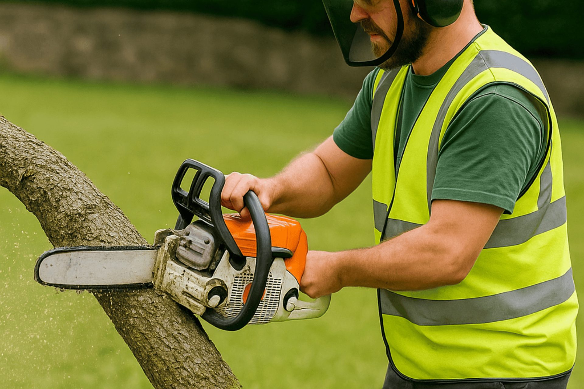 A tree surgeon in Norfolk cutting through a branch with a chainsaw